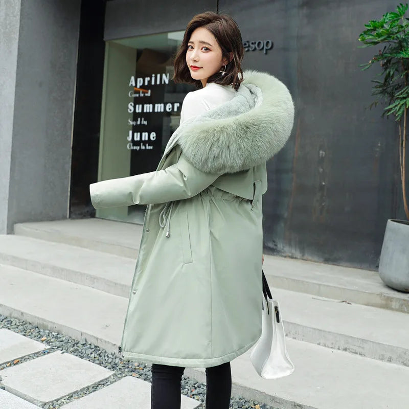 2024 New Women's Winter Parka Jacket, Long Coat with Wool Lining, Hooded Jacket with Fur Collar, Thick Warm Snow Wear, Fashion Parka