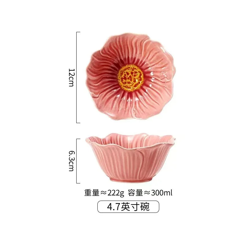 Pink Ceramic Flower Plate Dining Plates Decorative Bowl Dessert Plate Soup Bowls Water Cup Serving Plates Fruit Bowl Snack Bowls