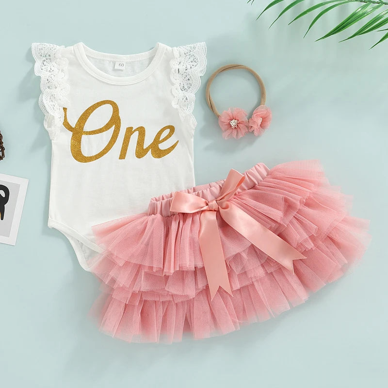 3 Pcs Baby Girls Casual Princess Outfits Cotton Letter Fly Sleeve Round Neck Bodysuit + Tulle Tutu Skirt + Bow Headband