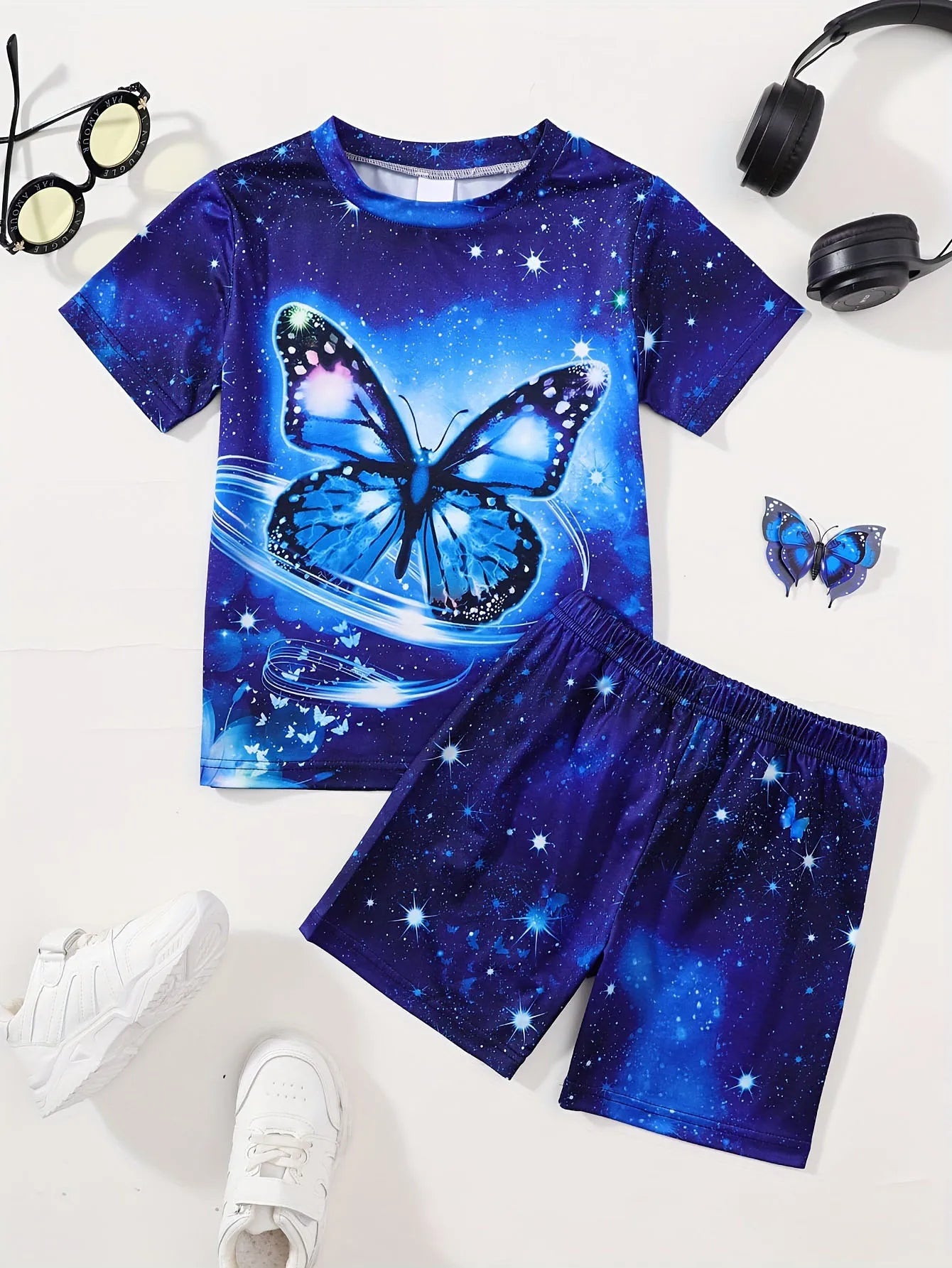 Children's Clothing Set for Girls Short Sleeve Girl Shorts 3D Butterfly Print Casual Girls Summer Clothes Pink Children's Sets