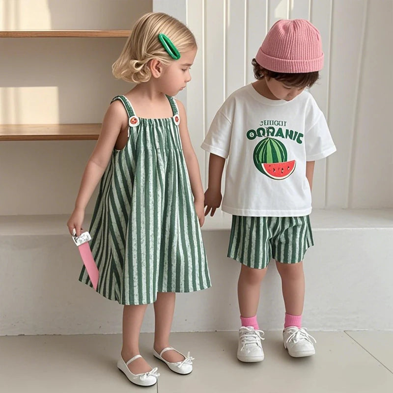 Children Clothes 2025 Summer New Cotton Stripe Baby Girl Suspender Dress Or Boy's Suit Brother And Sister Clothes