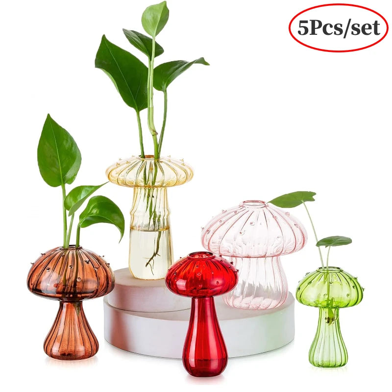 5Pcs/set Colored Glass Mushroom Vase DIY Aromatherapy Bottle Funky Cottagecore Decor for Home Room Office Windowsill Decoration