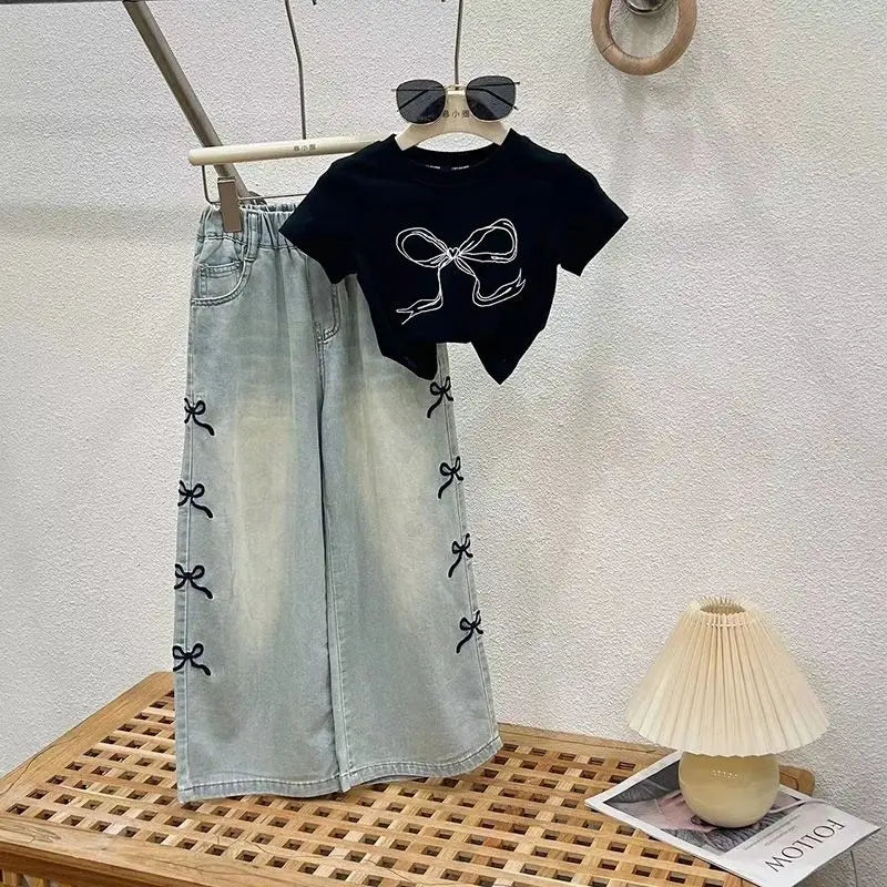 Girls Summer Thin Set Teenage Girls Wide Leg Jeans T-shirt 2-piece Summer Children's Clothing Set