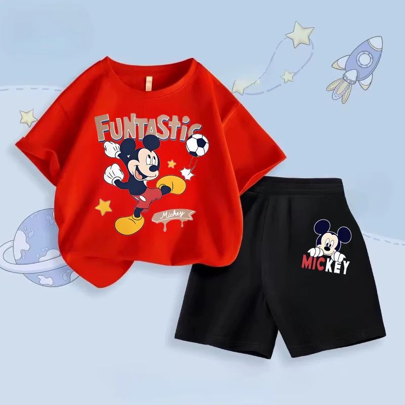 Disney Mickey Printed Set Kids Short Sleeve T-Shirt And Shorts 2-Piece Outfits Baby Boys Suit Children's Casual Summer Clothes
