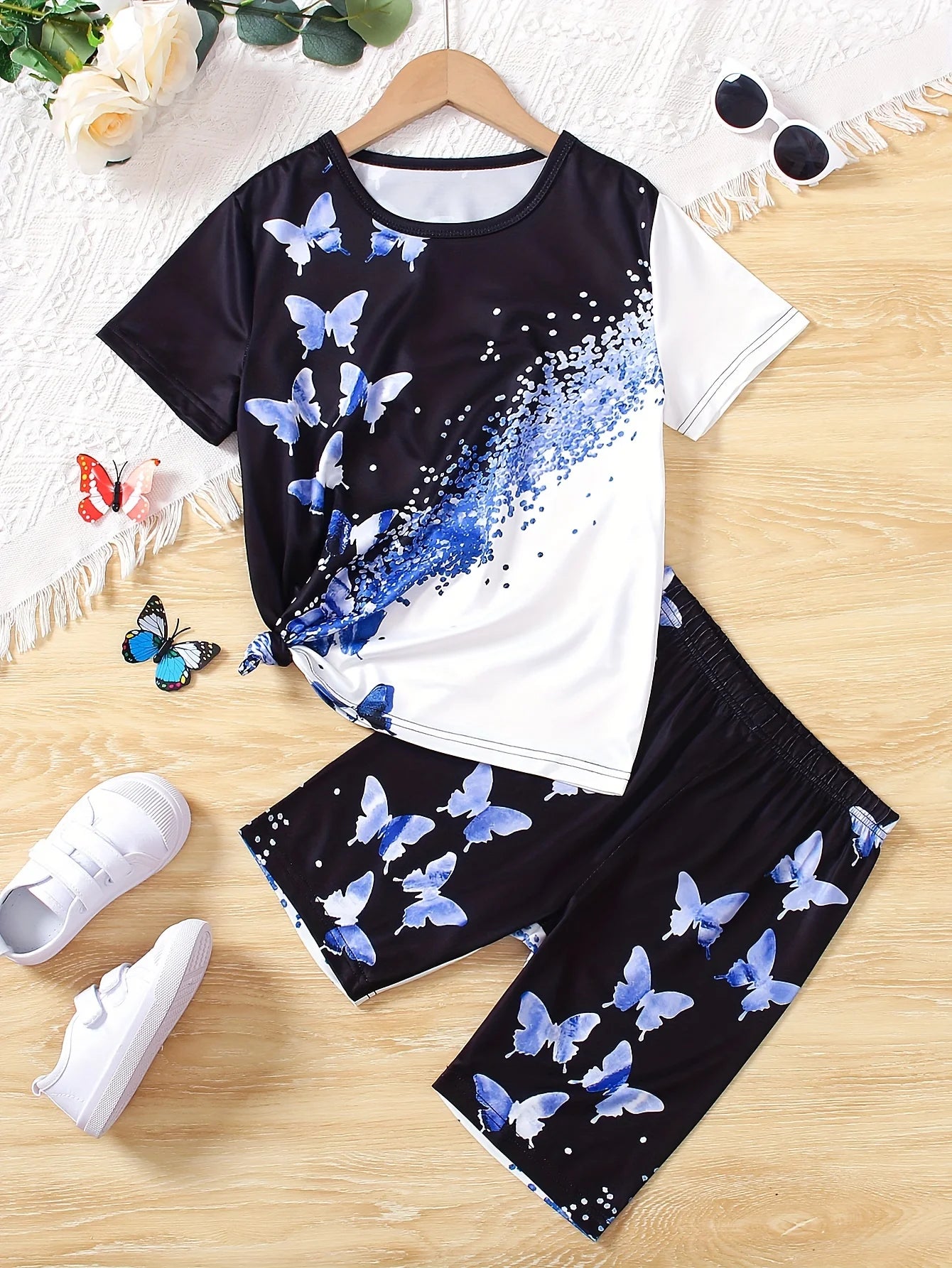 Children's Clothing Set for Girls Short Sleeve Girl Shorts 3D Butterfly Print Casual Girls Summer Clothes Pink Children's Sets