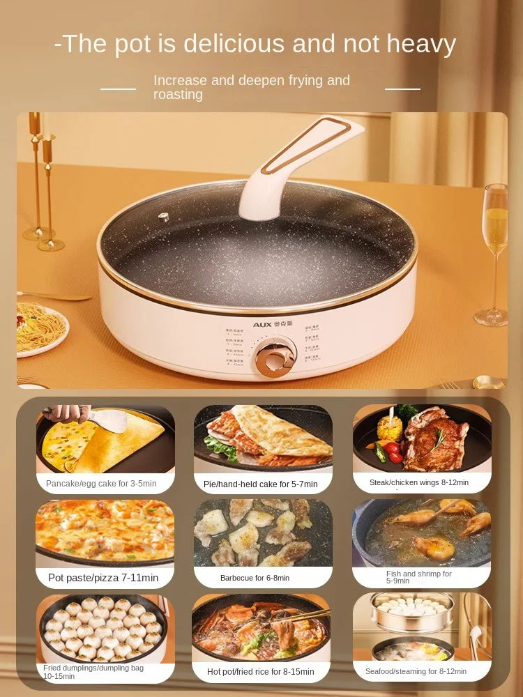 220V Deep Non-Stick Electric Skillets with Automatic Pancake Maker Pizza Baking Pan for Home Cooking Multi Cooker