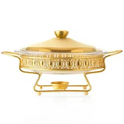 Luxury Golden Oval Food Warmer Hotel Wedding Chafing Dish Stainless Steel Glass Serving Dish Buffet Server and Hot Pot