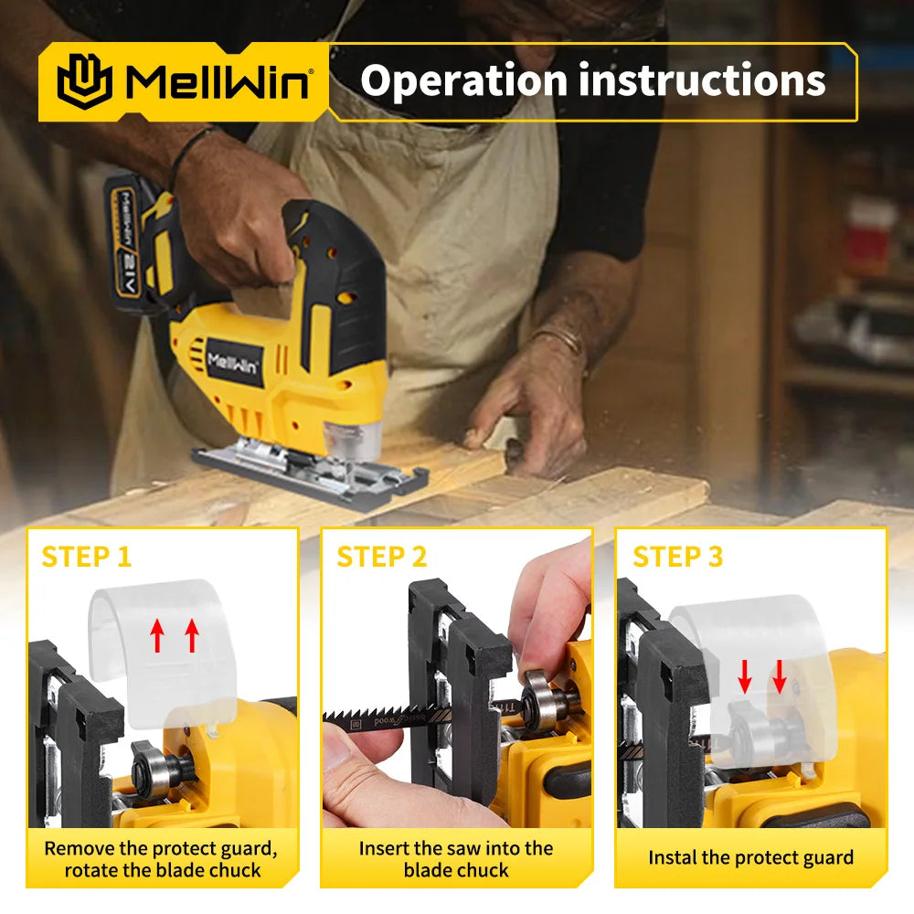 MELLWIN 3500RPM Electric JigSaw 31 With Blade Wireless Curve Saw Multi-function Woodworking Tool For Makita 18V Battery Pin