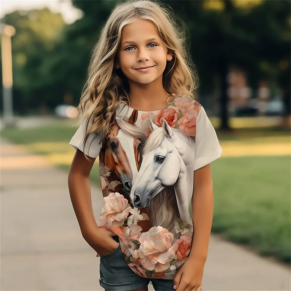 Female Child Clothes 3D Print Cartoon Animal Horse Girl T Shirts Kawaii Girl Summer Outdoor Comforts Short Sleeves Girl T-Shirt