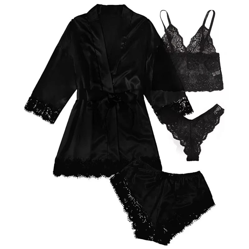Women's Summer Sexy Pajama Pants Set 4 Pieces Lace Satin With Silk Sleepwear Robe Fashion And Comfortable Nightwear