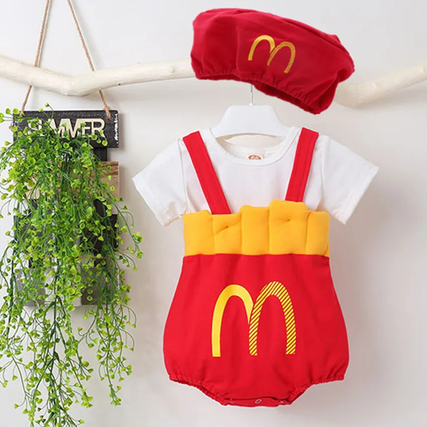 0-3T Ins Baby Romper with Hat Boys Girls French Fries Onesie M Cartoon Newborn Infants Cotton Clothes Baby's Photography Outfit