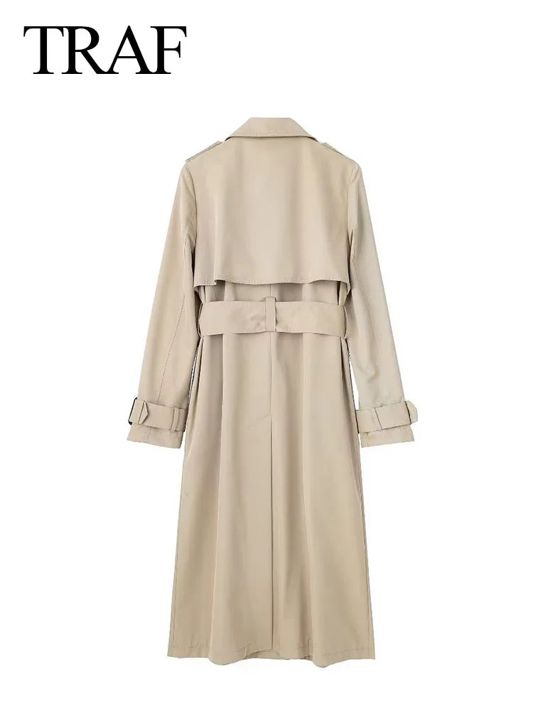 TRAFZA Women's Fashion Autumn Slim Trench Coats, Solid Color, Turn-Down Collar, Long Sleeves, Belt Decoration, Double Breasted.
