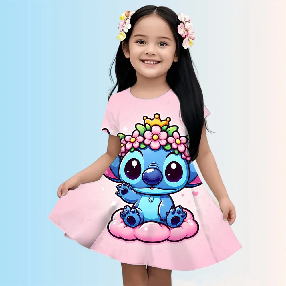2025 Girls Stitch Dresses Princess Children's Clothing Cartoon Stitch Print Summer Fashion Baby Stitch Dress 3-14Y