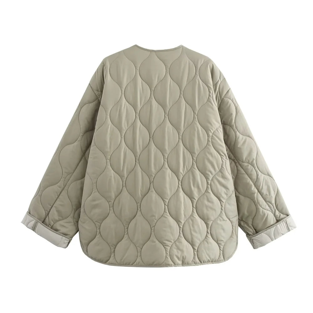 UNIZERA 2024 Autumn/Winter New Product Fashion Casual Women's Round Neck Curled Edge Long Sleeve Zipper Cotton Jacket Coat