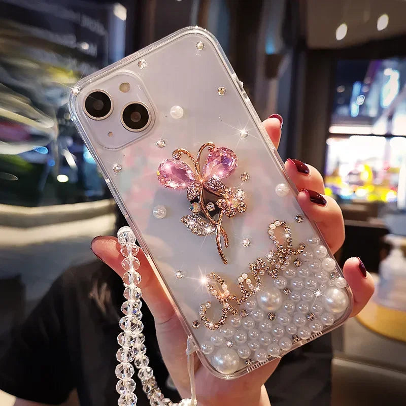 Fashion Bling Diamond Rhinestone Flower Case Cover For Iphone 17 Air 16 14 15 12 13 Pro MAX XS XR 7 8 PLUS Soft Clear Phone
