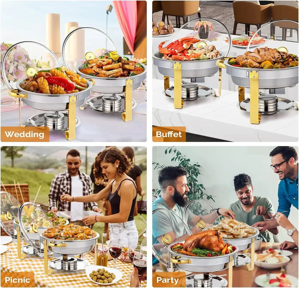 Chafing Dish Buffet Set Gold Accent Round NSF Stainless Steel Warmer Glass Lid Holder Catering Event Party
