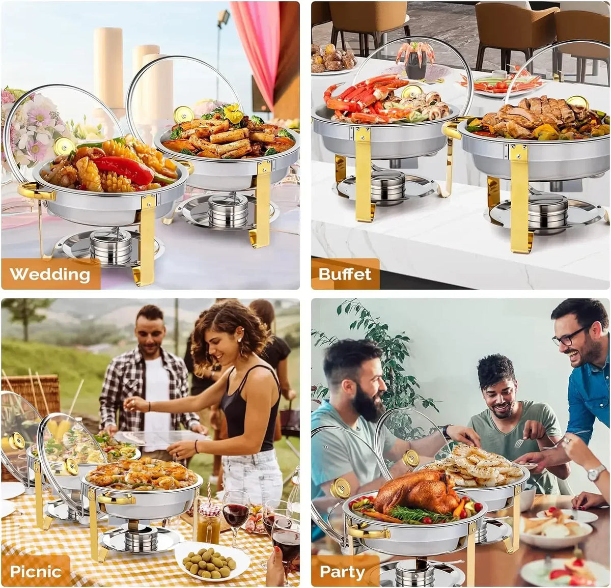 Chafing Dish Buffet Set Gold Accent Round NSF Stainless Steel Warmer Glass Lid Holder Catering Event Party