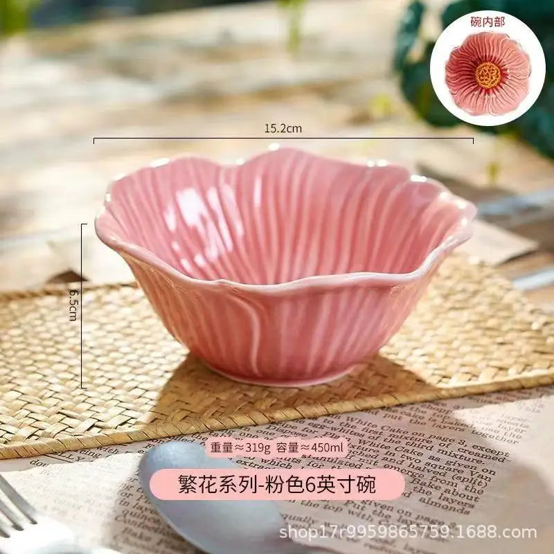 Pink Ceramic Flower Plate Dining Plates Decorative Bowl Dessert Plate Soup Bowls Water Cup Serving Plates Fruit Bowl Snack Bowls