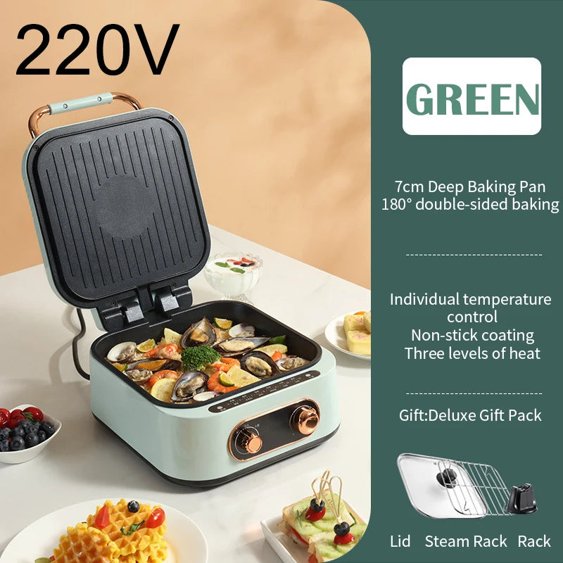 Household double-sided heating, timed multifunctional frying and baking machine, non stick pot, suspended heating