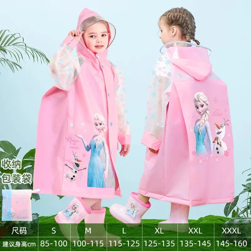 Disney Kids Raincoat Waterproof Children Elsa Spider-Man Rain Poncho Rain Coat Jacket with Backpack Student Rainwear