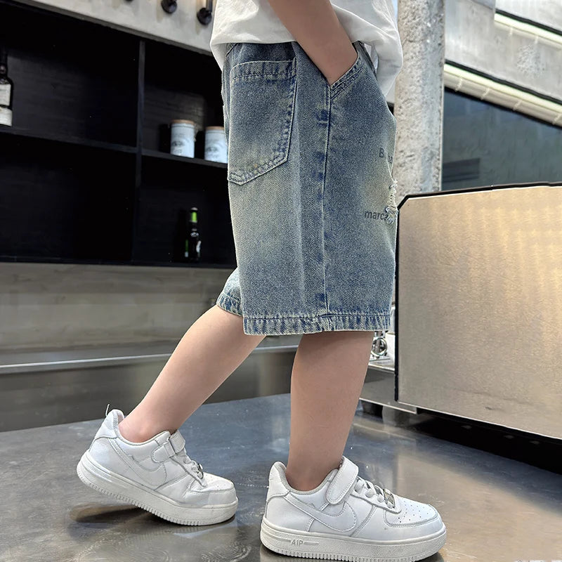 Fashion Kids Boy Street Style Ripped Denim Shorts Vintage Wash Casual Broken Summer Shorts With Holes Child Cool Destroy Bottoms