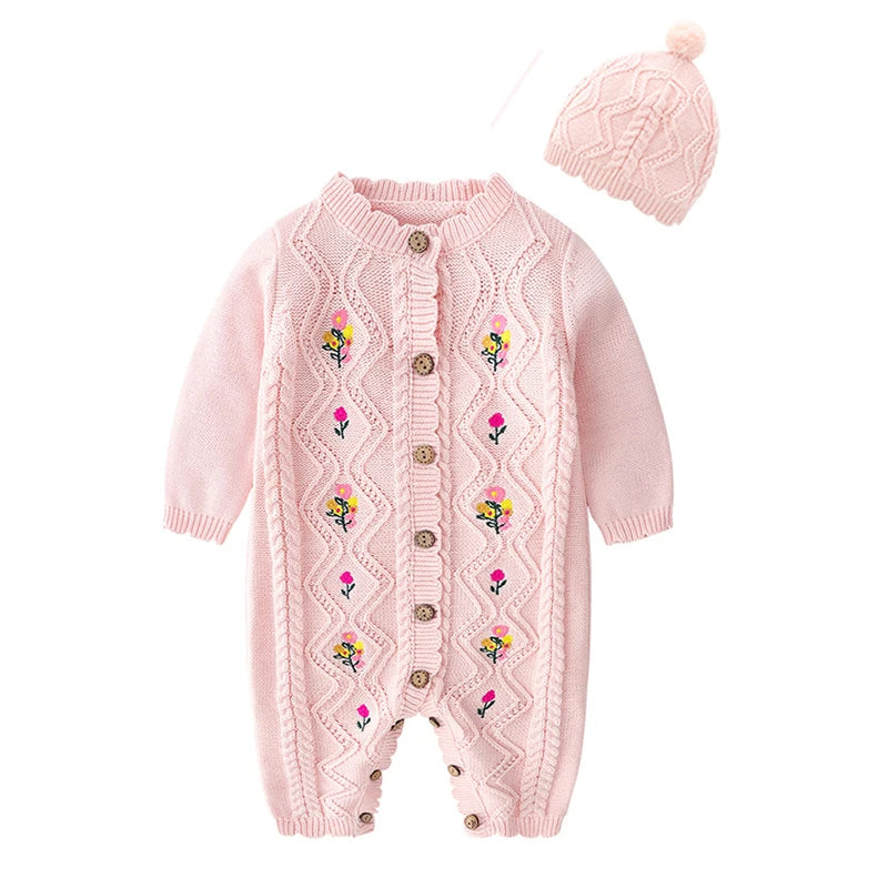 Spring New Toddler Baby Girl Knitting Romper+Hat Floral Embroidery Romper Long Sleeve Autumn Infant Baby Girls Knitting Jumpsuit
