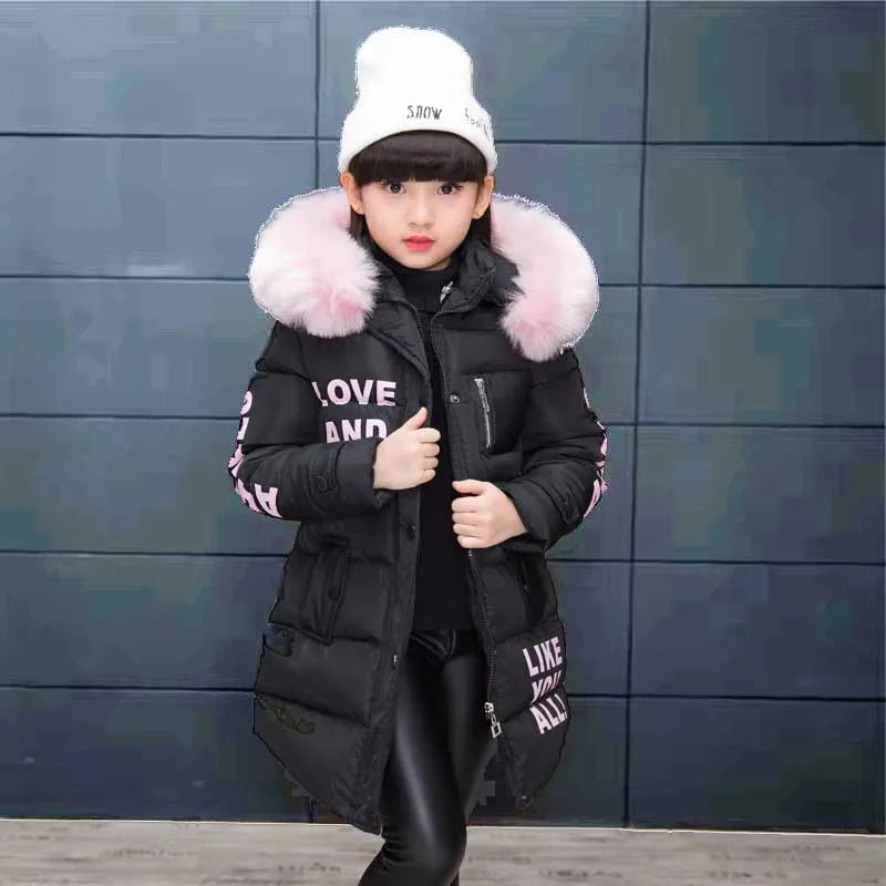 2024 Winter Warm Jackets for Girls Fashion Fur Hooded Children Girls Waterproof Outwear Kids Cotton Lined Parkas
