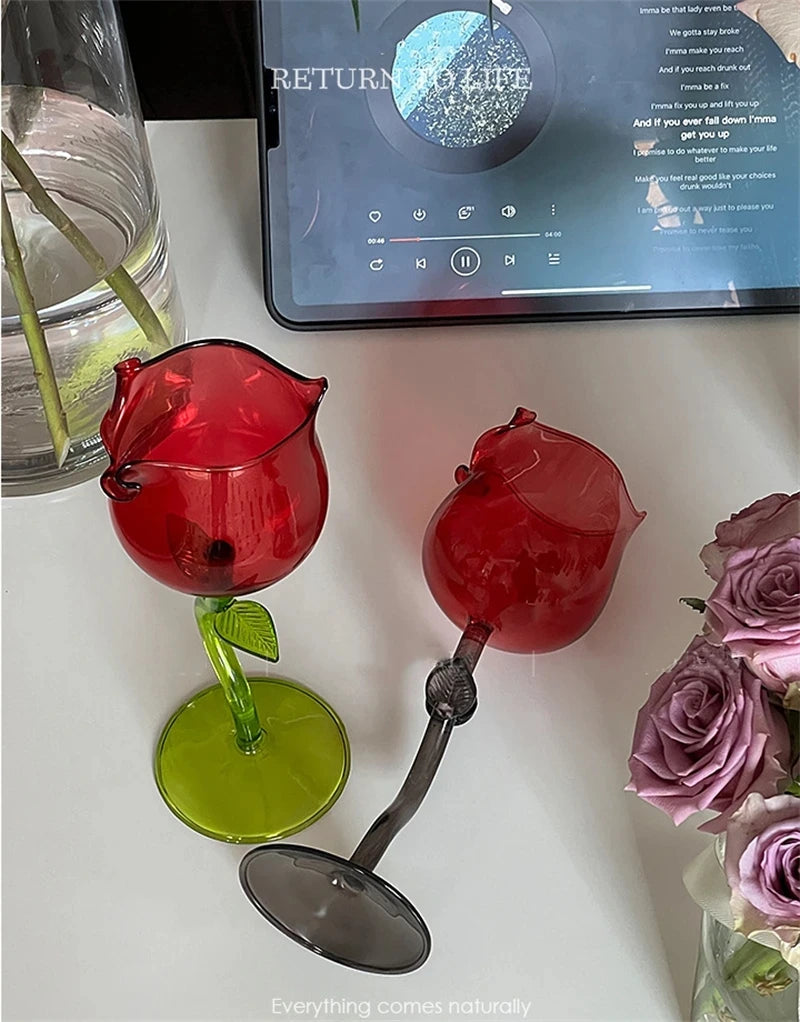 Rose Shape Transparent Glass with Transparent Leaf Cocktail Glass Valentine's Wedding Table Decoration Gift Wine Cup