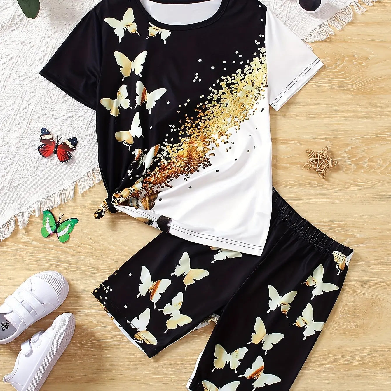 Children's Clothing Set for Girls Short Sleeve Girl Shorts 3D Butterfly Print Casual Girls Summer Clothes Pink Children's Sets