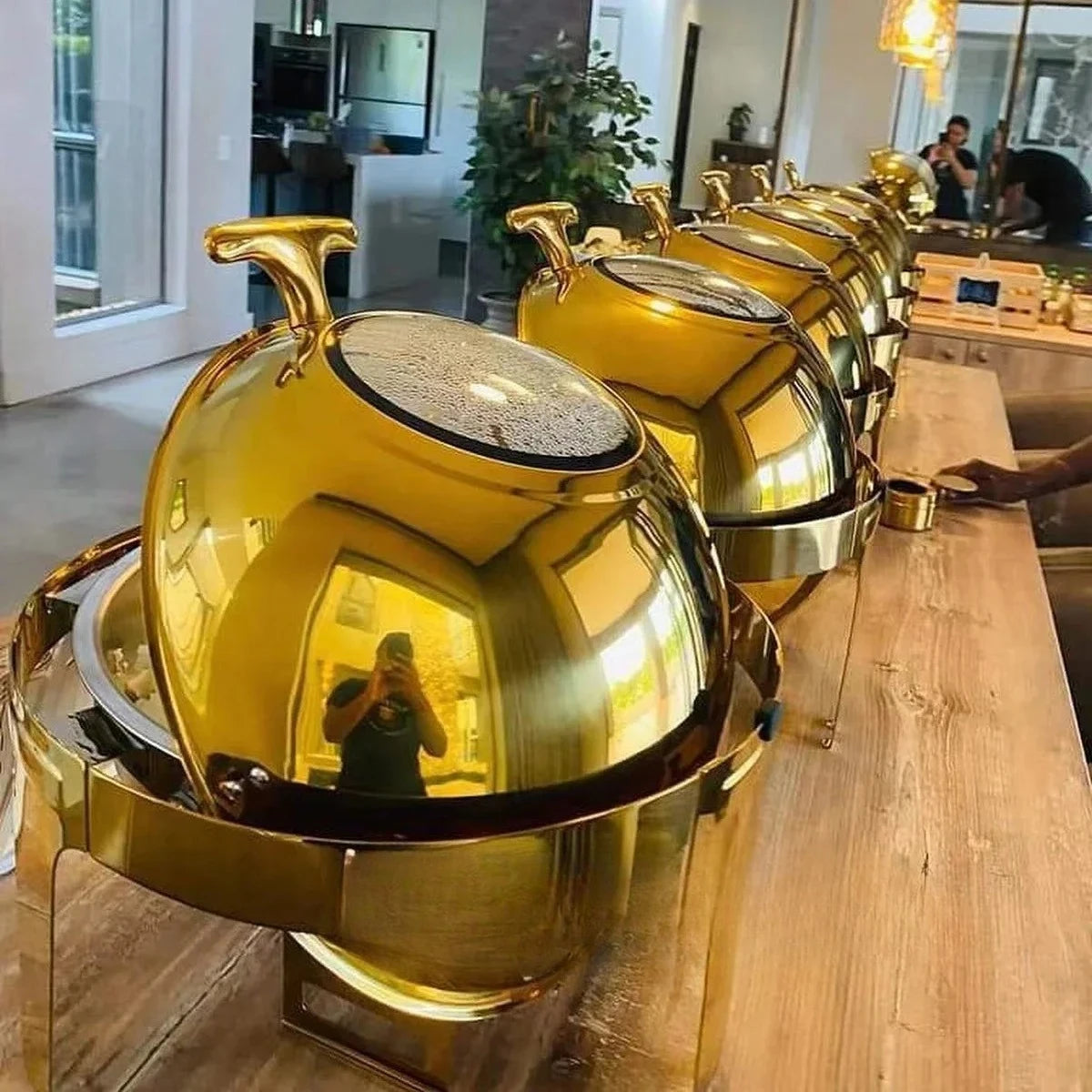 2 packs Hotel Buffet Thermal Food Warmer, Golden Food Warmer, Hotel Stainless Steel 6L Round Roll Top Chafing Dishes, electric.