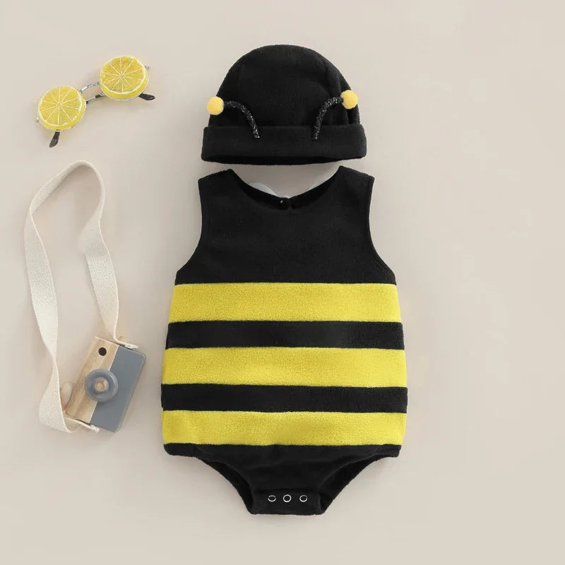 Baby Boys Girls Bee Romper Stripe Sleeveless Back White Wing Decor Jumpsuits Casual Costume Clothes Infant Bodysuits with Hat