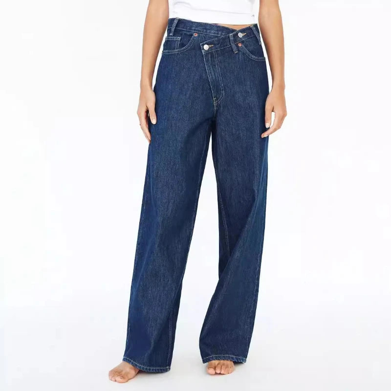 Women Floor Length Pant Jeans Denim Wide Leg Pants Straight Trousers Casual Loose Elegant Splice High Waist Autumn Winter