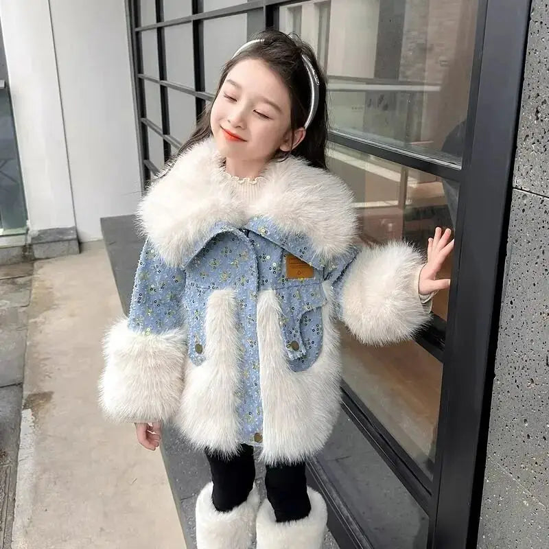2025 New Winter Jacket Kids Girl Parkas Warm Faux Fur Coat For Girls Children Sequin Winter Clothes Soft Party Baby Girl Coats