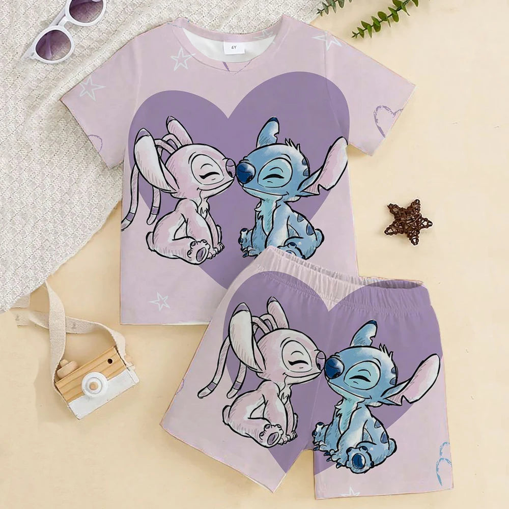 Stitch Children Clothes Round Neck T-shirts+ Shorts Sets Suitability 2-12 Years Boys Girl Casual Summer Short Sleeve Anime Print