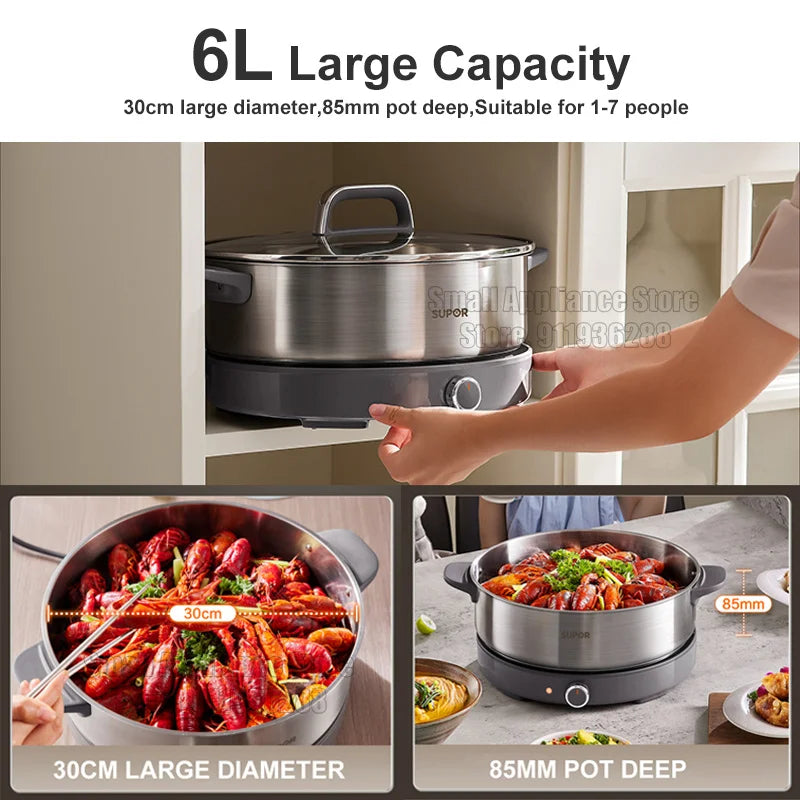 SUPOR 220V Multi Cookers Split Electric Pot 1-7 People Household Stainless Steel Hot Pot Rice Cooker Cooking Appliances H60YK784