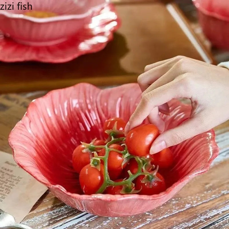 Pink Ceramic Flower Plate Dining Plates Decorative Bowl Dessert Plate Soup Bowls Water Cup Serving Plates Fruit Bowl Snack Bowls