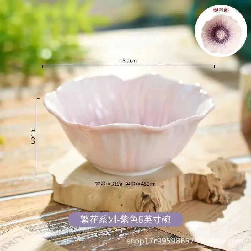 Pink Ceramic Flower Plate Dining Plates Decorative Bowl Dessert Plate Soup Bowls Water Cup Serving Plates Fruit Bowl Snack Bowls