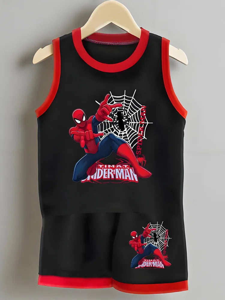 Anime Spiderman Boys Basketball Vest Sets Quick Drying Breathable Children Sport Clothes Suit Kids Casual Vest Shorts 2pcs Set