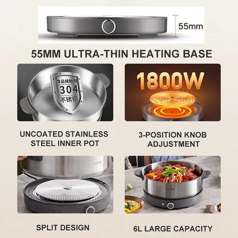 SUPOR 220V Multi Cookers Split Electric Pot 1-7 People Household Stainless Steel Hot Pot Rice Cooker Cooking Appliances H60YK784