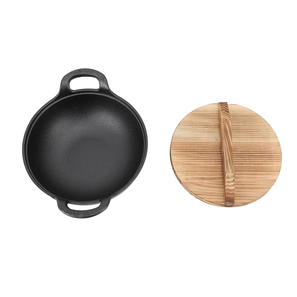 Cast Iron Wok Wooden Lid Flat Base 2 Loop Handle Even Heat Multifunctional Stir Fry Pan for Kitchen