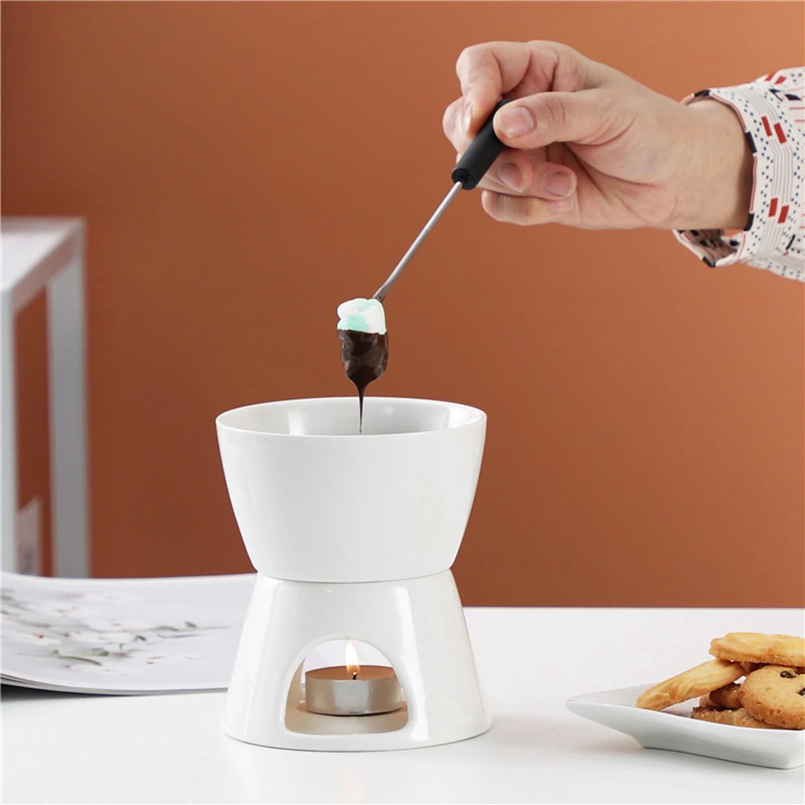 Chocolate Fondue Pot Tea Light Porcelain Melting Pot Ceramic Hot Pot Butter Warmer for Dessert Snack Party Anniversary Birthday