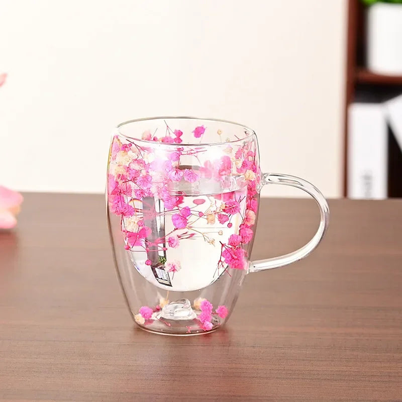 1PCS 300ml Double Wall Glass Cup with Handle Dried Flower Decorated Ins StyleDurable Coffee Milk Mug Heat Resistant Tea Cups