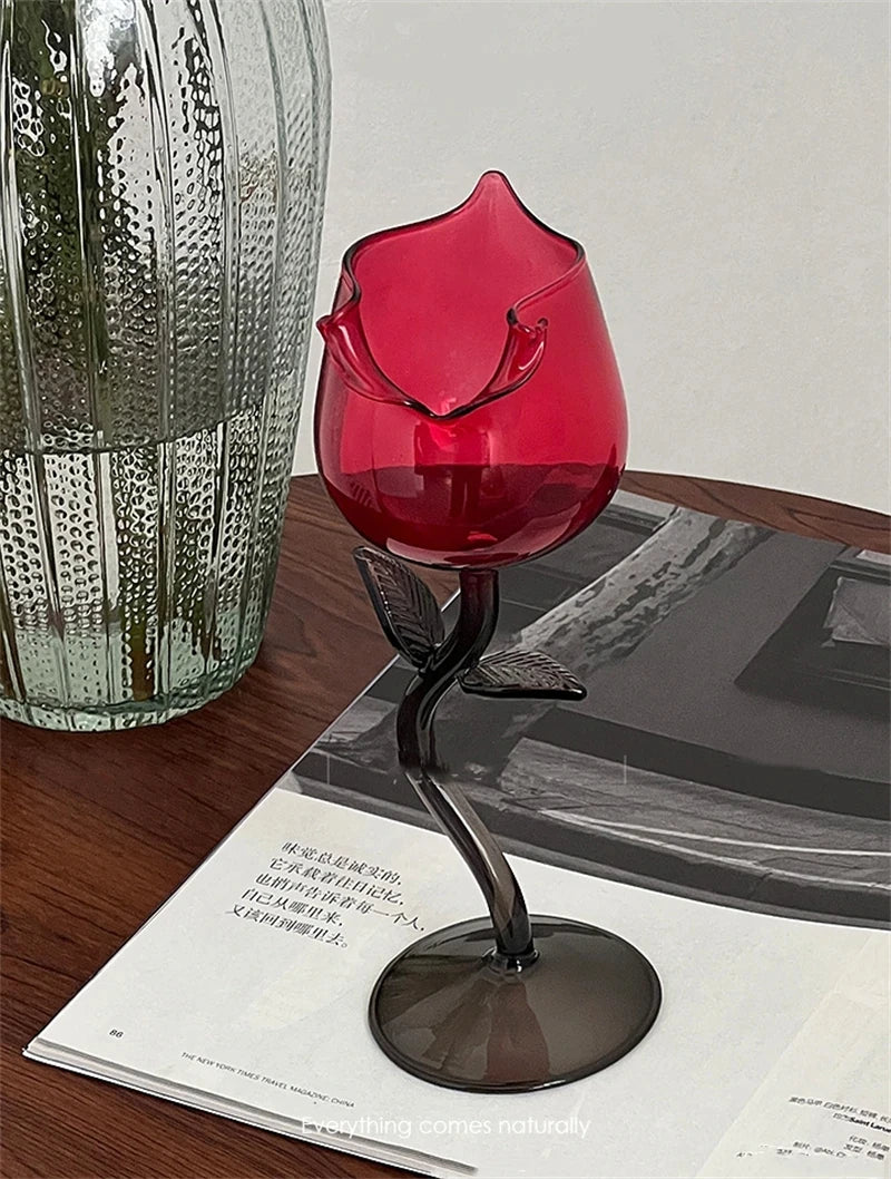 Rose Shape Transparent Glass with Transparent Leaf Cocktail Glass Valentine's Wedding Table Decoration Gift Wine Cup