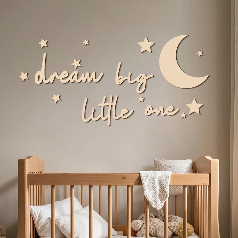 Dream Big Little One Wall Sticker Wall Art Wooden Sign for Baby Nursery Kids Room Inspirational Motivational Wooden Craft