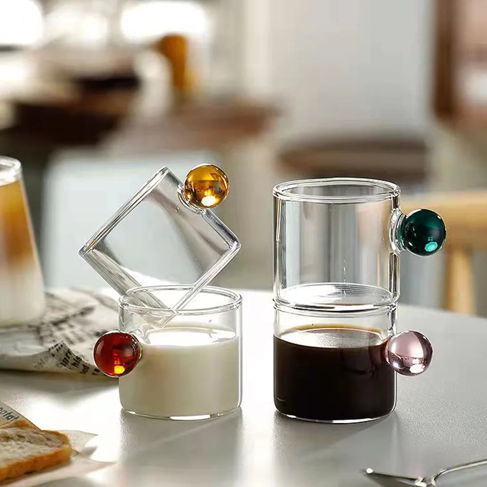 110ml Espresso Cups Small Cup Home Glass Ball Handle Coffee Cup Tea Water Cup Heat Resistant Glass Teacups Juice Mug Table Decor