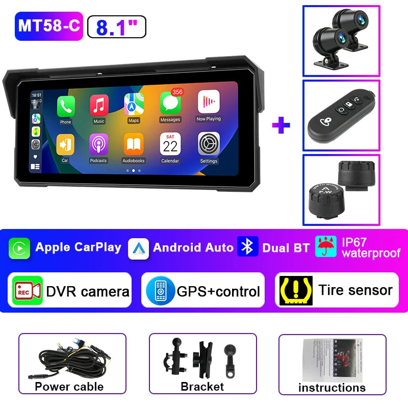 JMCQ Portable 8.1 inch IP67 Waterproof Motorcycle 4K DVR GPS Navigation Wireless Carplay Android Auto Moto Recorder Monitor