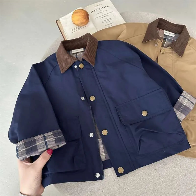 2025 UNITIM Spring Autumn Kids Boys Jacket Plaid Spliced ​​Pocket Long Sleeve Toddler Boys Outerwears Coat Children Boys Jacket