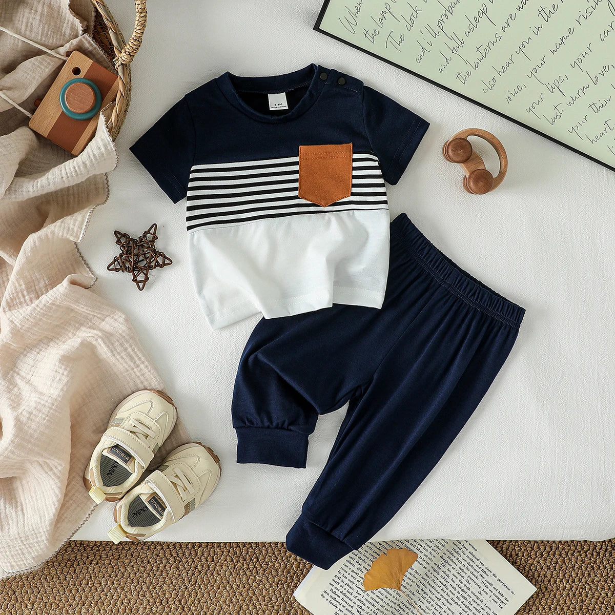 Toddler Boys Summer Outfits: Striped Short Sleeve T-Shirt &amp; Long Pants 2-Piece Casual Daily Clothes Set.