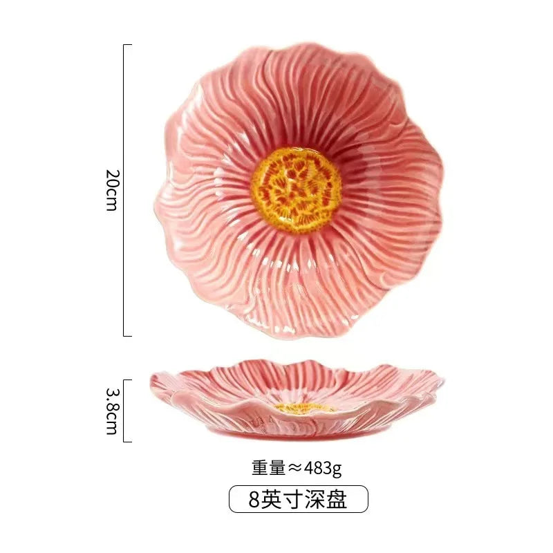 Pink Ceramic Flower Plate Dining Plates Decorative Bowl Dessert Plate Soup Bowls Water Cup Serving Plates Fruit Bowl Snack Bowls