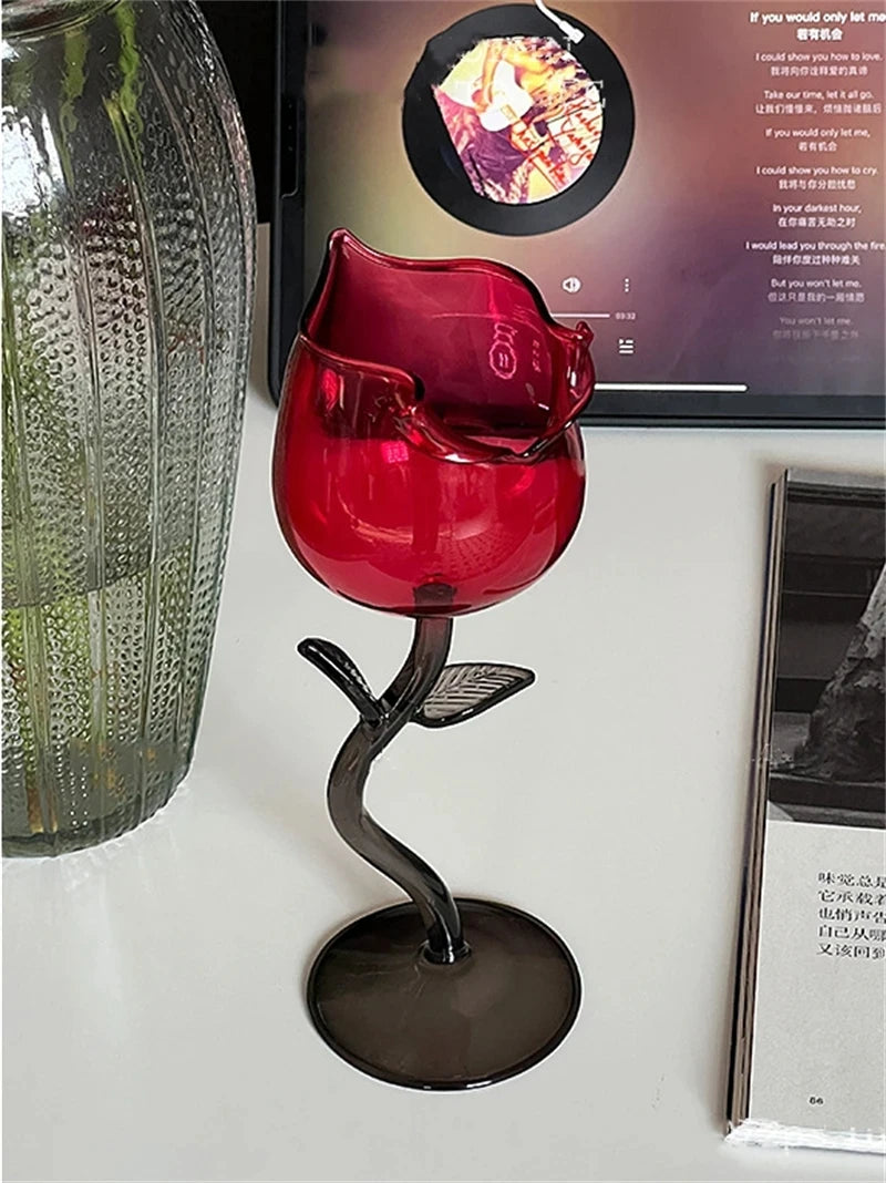 Rose Shape Transparent Glass with Transparent Leaf Cocktail Glass Valentine's Wedding Table Decoration Gift Wine Cup